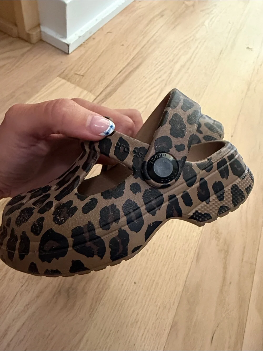 Croc Mary Jane’s Kids Leopard Print Closed-Toe Sandals in Tan and Black